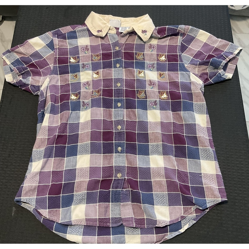 Billie Brooke Shirt Womens XL Purple Plaid Button Up Embroidered Short Sleeve